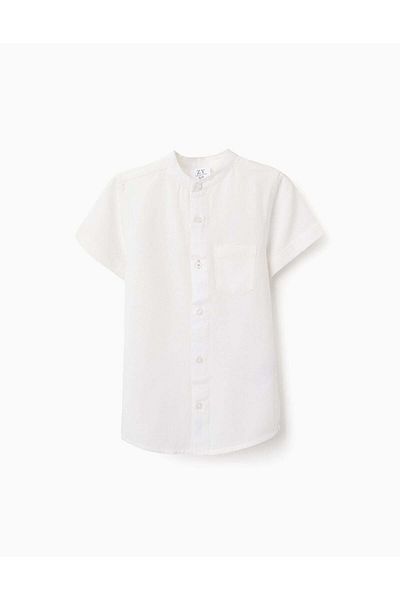 Ziddy Shirt with Mao Collar and Pocket for Boys, White