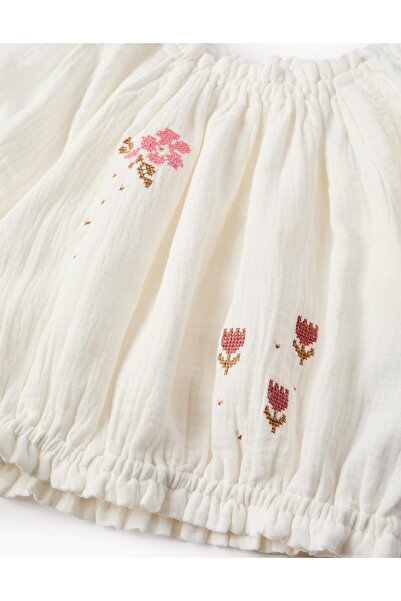 Ziddy Blouse in Gauze with Cross-Stitch for Girls, White