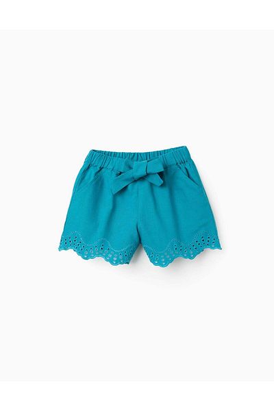 Ziddy Cotton and Linen Shorts with Broderie Anglaise for Girls, Turquoise