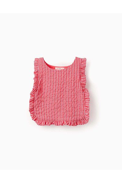 Ziddy Striped Textured Tops with Ruffles for Girls, Red/White