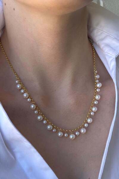 Birinci 14 Ayar Altın 5 mm Doğal İncili Sallantılı Kolye