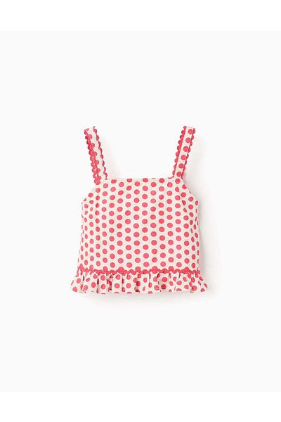 Ziddy Polka Dot Strappy Top for Girls, White/Red
