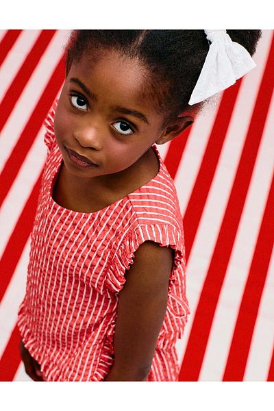 Ziddy Striped Textured Tops with Ruffles for Girls, Red/White