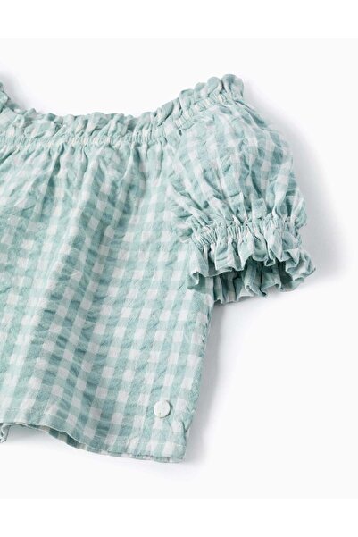 Ziddy Top in Vichy with Texture for Girls 'B&S', Aqua Green/White