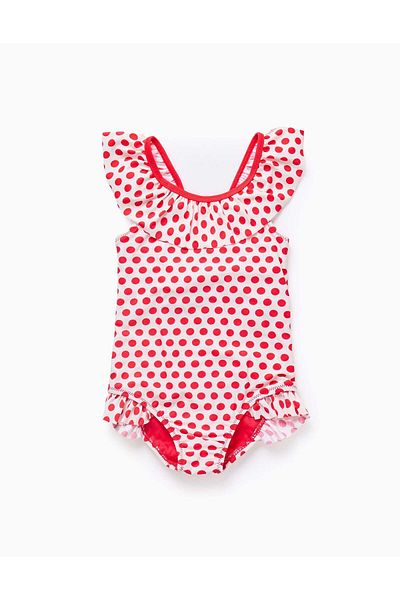 Ziddy Swimsuit with Polka Dots and Ruffles for Baby Girls, White/Red