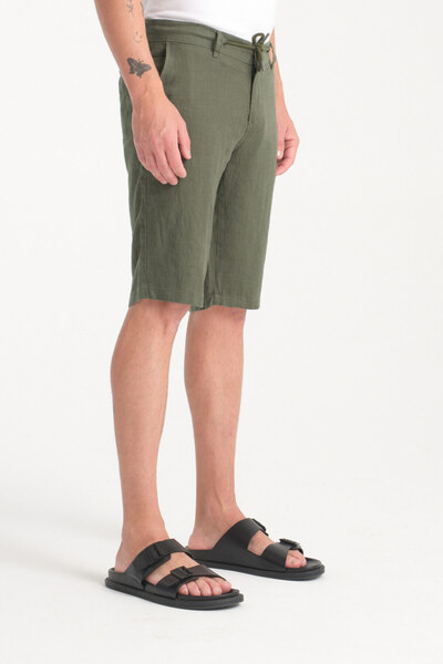 muzzo jeans Beli Lastikli Açık Yeşil %100 Keten Şort