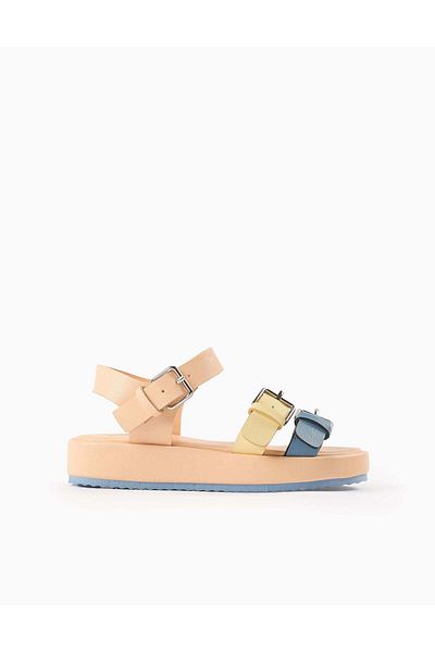Ziddy Buckle Sandals for Girls, Coral/Yellow/Blue