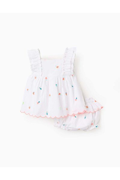 Ziddy Top + Diaper Cover with Embroidered Flowers for Baby Girls 'B&S', White
