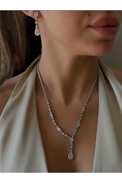 SONES Gümüş Rengi Abiye Taşlı Zirkon Takı Seti Mezuniyet Düğün