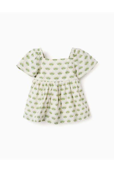 Ziddy Blouse with Floral Motif for Baby Girls, Beige/Green