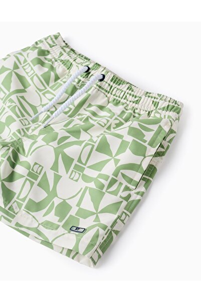 Ziddy Swim Shorts with Pattern for Boys, White/Green