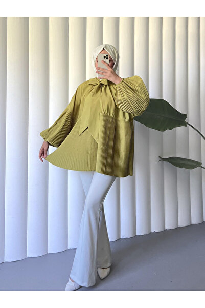 Modamorfo Lace-Up Collar, Sleeves and Pleated Skirt Tunic - Oil Green