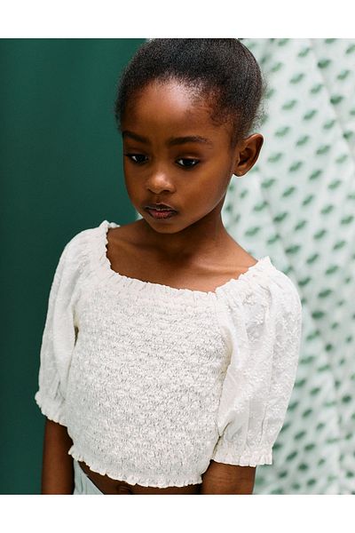 Ziddy Top with Broderie Anglaise and Puff Sleeves for Girls, White