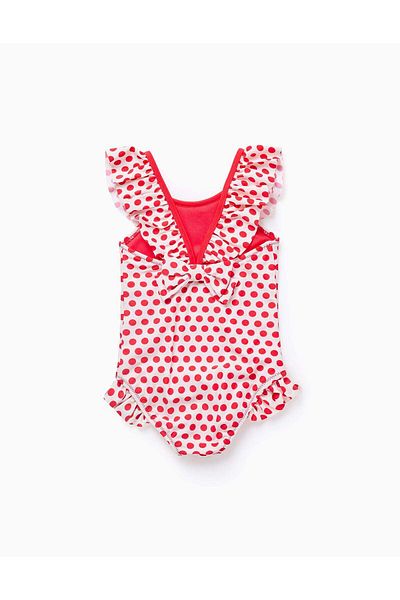 Ziddy Swimsuit with Polka Dots and Ruffles for Baby Girls, White/Red