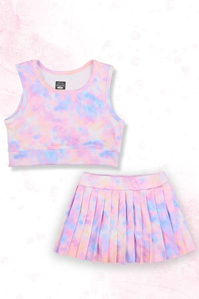 Beniizle Pantaloni scurți cu model Tie Dye cu fustă Crop Set sport pentru fete