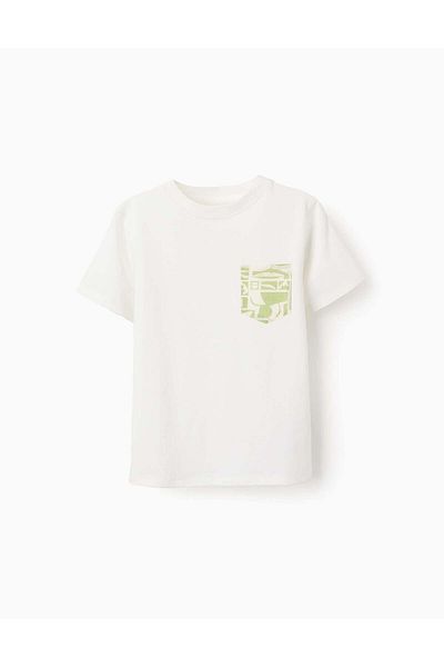 Ziddy Cotton T-shirt with Contrast Pocket for Boys, White