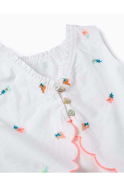 Ziddy Top with Flower Embroideries for Girls 'B&S', White/Coral