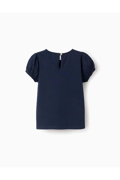 Ziddy T-shirt with Broderie Anglaise Sleeves for Girls, Dark Blue