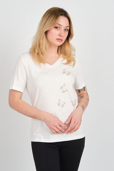ELLA CAMELIA Women Butterfly Shaped Stone Decorated V Neck Short Sleeve Blouse 24E047 Ecru