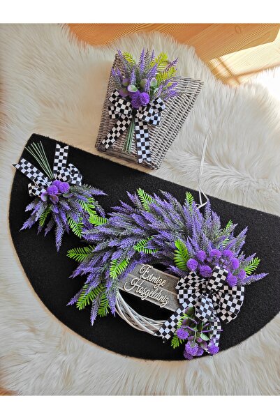 Serçeden Lavanta Çiçekli Bambu Çelenk Kapı Süsü, Paspas, Sepet, 3 Lü Takım