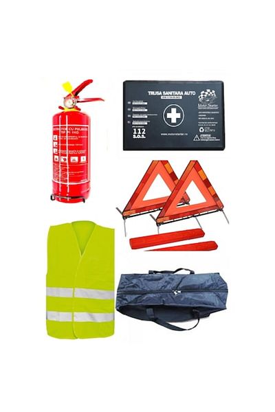 motor starter Kit Siguranta Rutiera Auto 1 Trusa Sanitara, 1 Stingator Cu Manometru 1kg, 2 Triunghiuri Reflectoriz