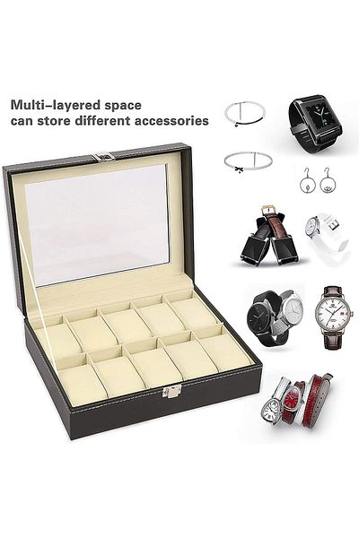 Lumely 10 Grids Watch Storage Box,PU Leather,transparent Window,Perfect Gift for Family,25x20x8cm