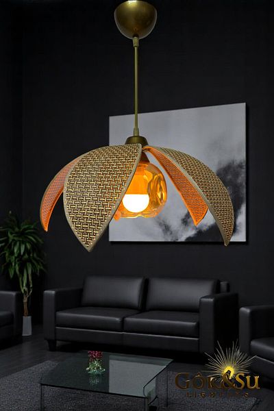 Göksu Lighting Rattan Propeller Model Pendant Lamp Chandelier Living Room Hall Entrance Kitchen