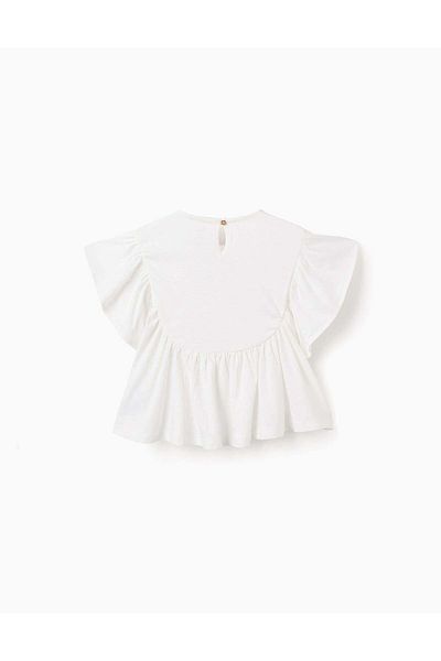 Ziddy T-shirt with Ruffles and Cross-Stitch Print for Girls, White