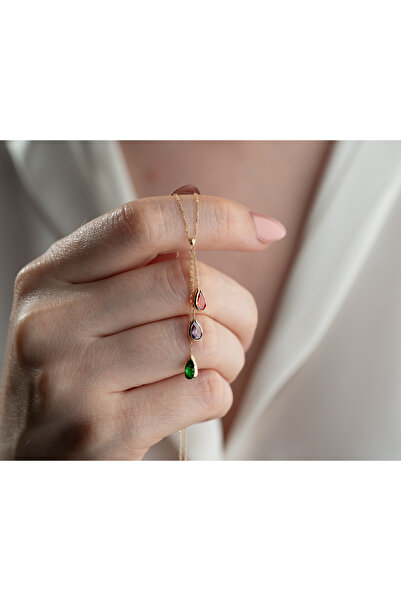 Minimal Kolye 14 Ayar Altın 3 Renkli Damla Taşlı Kolye | 42+3 cm | Zarif Günlük ve Şık Kullanım İçin