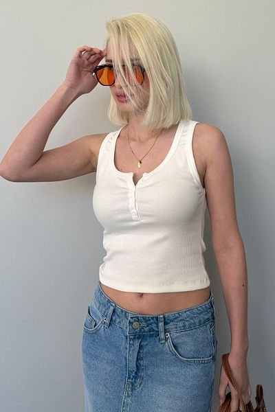 Madmext White Buttoned Ribbed Undershirt Mg2453