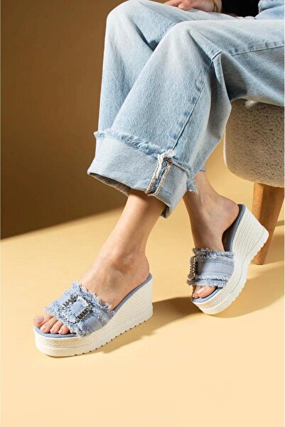 lady luvy by berkbay Kadın Keten Kalın Dolgu Topuk Poli Rahat Taban Casual Terlik