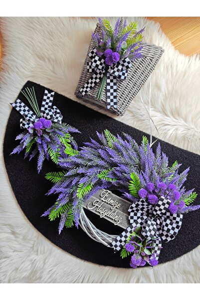 Serçeden Lavanta Çiçekli Bambu Çelenk Kapı Süsü, Paspas, Sepet, 3 Lü Takım