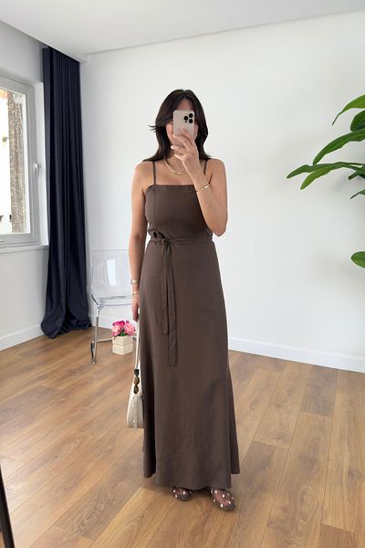 BİRCANÇİL Medusa Bitter Brown Lined Belted Midi Dress