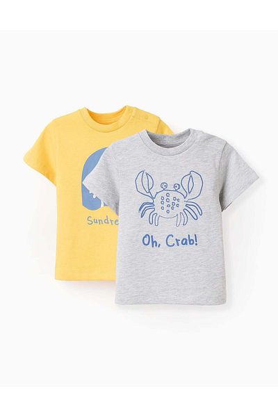 Ziddy Pack of 2 Cotton T-shirts for Baby Boys 'Sundream', Grey/Yellow