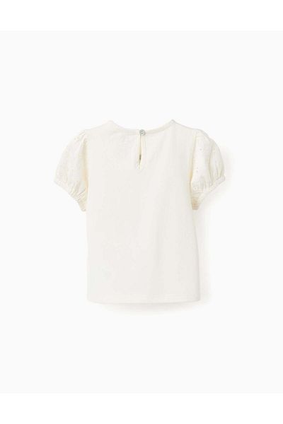 Ziddy T-shirt with Broderie Anglaise Sleeves for Baby Girls, White