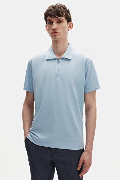 Tween Relaxed Fit Mavi Yarım Fermuarlı Polo Yaka Yazlık T-Shirt