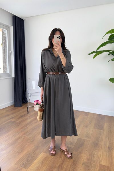 BİRCANÇİL Benis Anthracite Premium Belted Dress