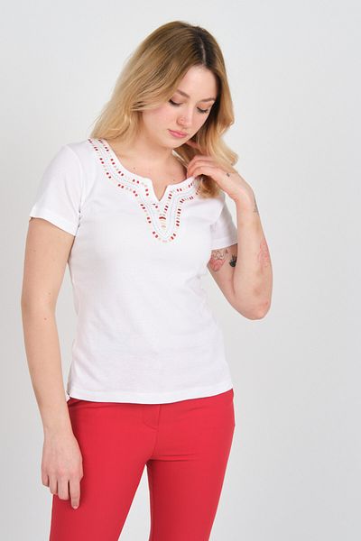 ELLA CAMELIA Women's Open Collar Stone and Patterned Cotton Blouse 23E010 White