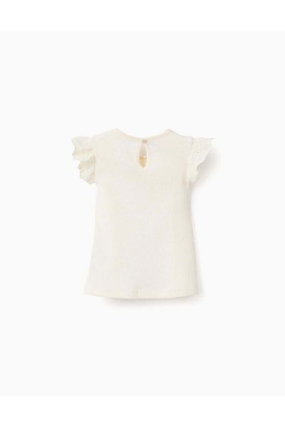 Ziddy Ribbed Top with Broderie Anglaise Ruffle for Baby Girls, White