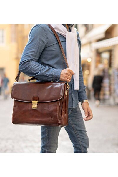 FASHION Men's laptop briefcase made of genuine vachetta leather, S163