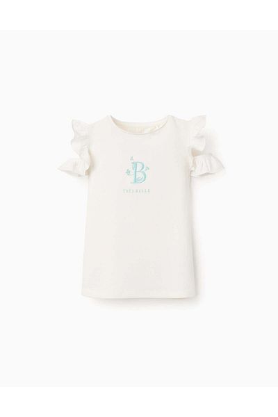 Ziddy T-shirt with Embroidery and Ruffles on the Shoulders for Girls, White