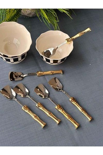 ROY KING Gold Ice Cream Spoon with Bamboo Handle, Set of 6
