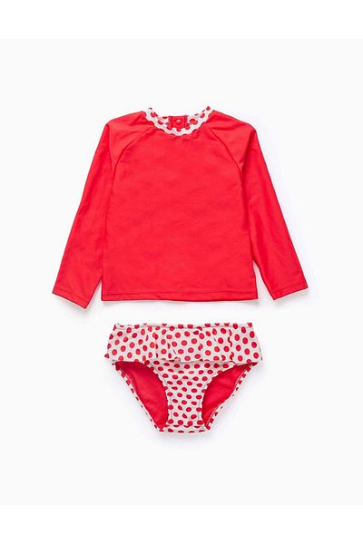 Ziddy Long Sleeve Swimsuit for Girls, White/Red