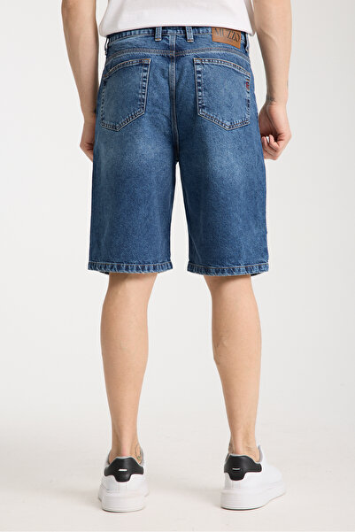 muzzo jeans Ψηλόμεσο 100% βαμβακερό σκισμένο λεπτομερές σκούρο μπλε τζιν σορτς