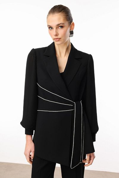 Moda İlgi Modailgi Sleeves Pleated Stripe Accessory Jacket Black
