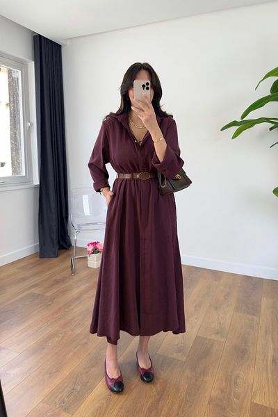BİRCANÇİL Benis Burgundy Premium Belted Dress