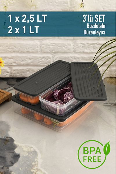 Leila Anthracite 3-Piece Storage Container with Lid, Refrigerator Organizer Suitable for Microwave and Freeze 4.5Lt