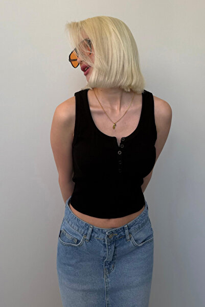 Madmext Black Buttoned Ribbed Undershirt Mg2453