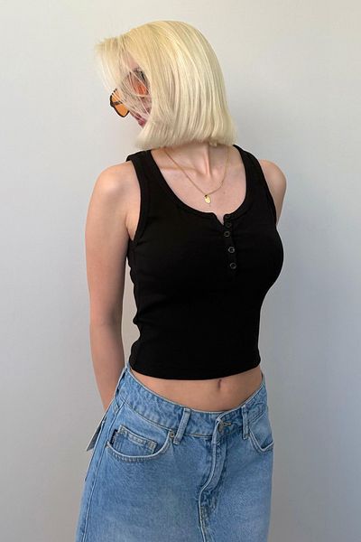 Madmext Black Buttoned Ribbed Undershirt Mg2453