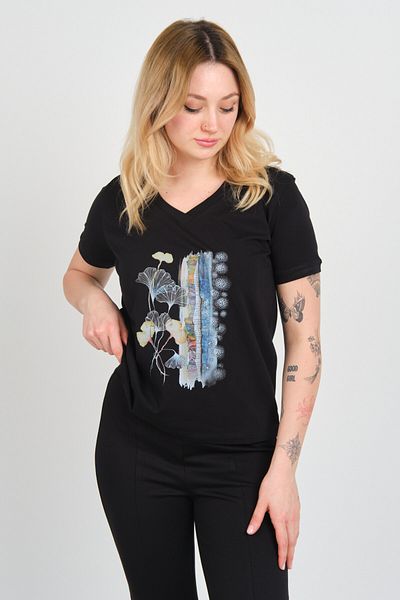 Sistas Women's Print Pattern V-Neck Short Sleeve Cotton Blouse 24100 Black
